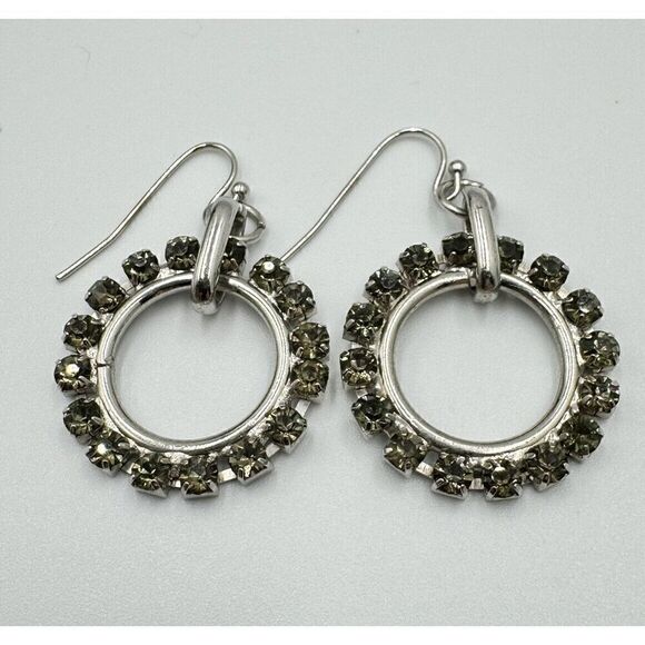 Silver Tone Gray Green Prong Set Pavé Crystal Glass Circle Dangle Earrings - Picture 5 of 6